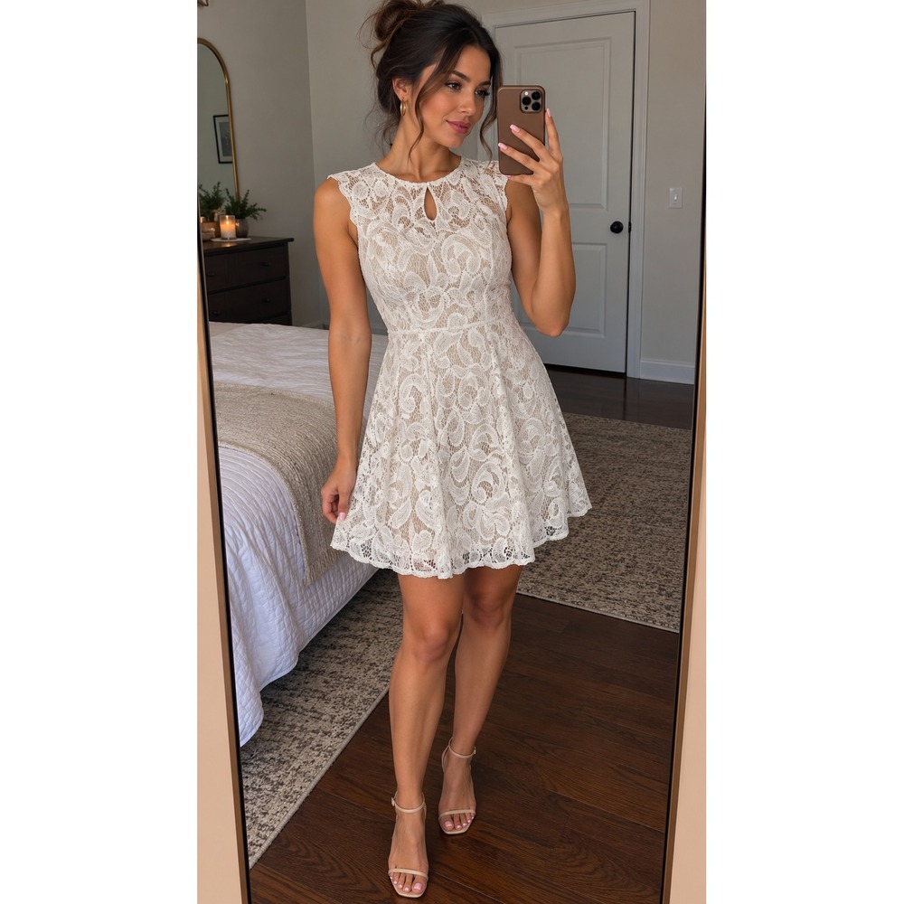 London Style Collection White Lace Fit Flare Dress Tan Lining Size 10 Sleeveless